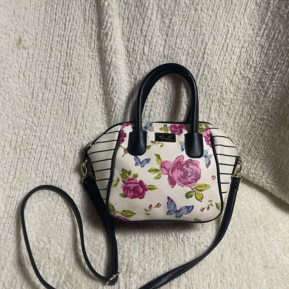 Betsey Johnson Handbags - Betsey Johnson floral roses & butterflies Satchel black &white striped